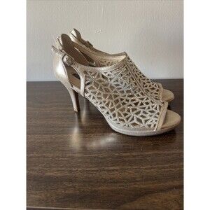 Alex Marie Gold Metallic Heels Open Toe with Rhinestones Womens Size 7.5